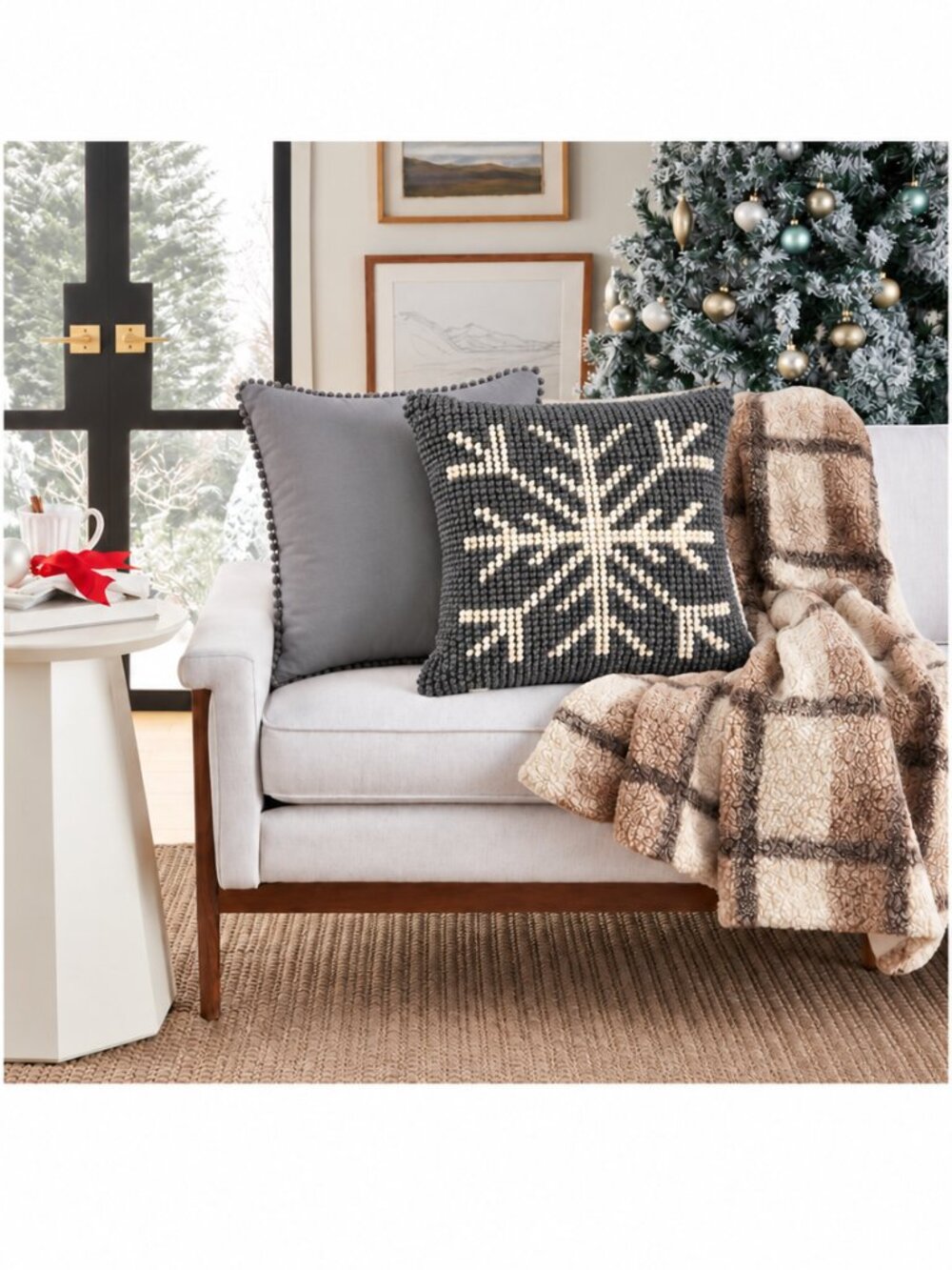 Mina Victory Christmas Snowflake Pillow Grey Ivory 22x22 Textured Winter Decor